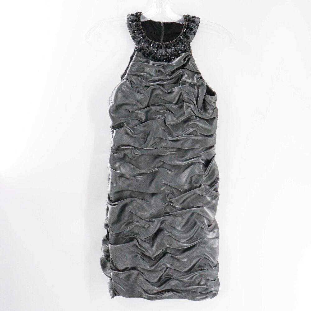R&M Richards Dress Womens 10 Petite Metallic Gray Ruched Evening Cocktail Beaded